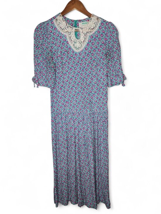 1980s Belle France Floral Print Vintage Midi Dress Size 4 - Picture 1 of 7